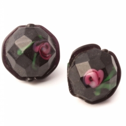 Lot (2) Antique 1880's Czech pink satin floral lampwork black round faceted glass beads