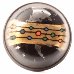 Antique Victorian Czech 2 part metal mounted intaglio geometric hand painted glass button damaged