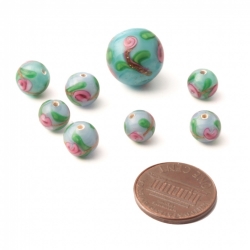 Lot (8) vintage Czech pink satin floral turquoise satin spun lampwork glass beads