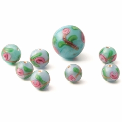 Lot (8) vintage Czech pink satin floral turquoise satin spun lampwork glass beads