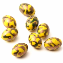 Lot (8) vintage Czech abstract copper overlay yellow lampwork oval glass beads