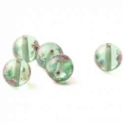 Lot (5) 12mm vintage Czech pink satin floral spatter pale green lampwork glass beads