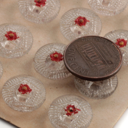 Card (24) Czech vintage hand painted red flower clear glass buttons 14mm