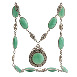 Vintage Czech rhodium silver statement necklace with rhinestones and green satin glass cabochons