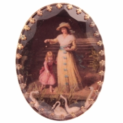 Vintage photo portrait pin brooch Edwardian Victorian style miniature photo lady and child feeding swans