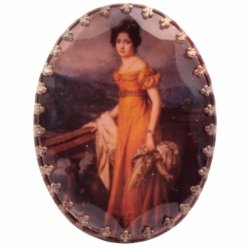 Vintage photo portrait pin brooch Edwardian Victorian style miniature photo lady in orange gown