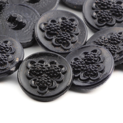 Lot (18) Czech Art Deco vintage black and navy blue flower glass buttons 18mm