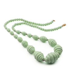 Vintage Czech Art Deco necklace rare green oval ribbed glass beads