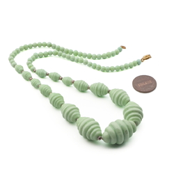 Vintage Czech Art Deco necklace rare green oval ribbed glass beads