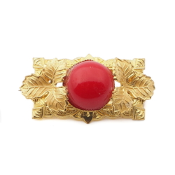 Vintage Czech gold tone metal leaves red glass cabochon pin brooch