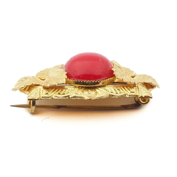 Vintage Czech gold tone metal leaves red glass cabochon pin brooch