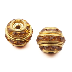 Lot (2) Czech topaz glass rhinestone round gold metal ball beads 9mm