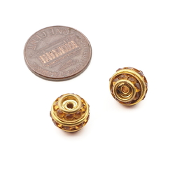 Lot (2) Czech topaz glass rhinestone round gold metal ball beads 9mm