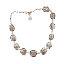 Vintage Czech necklace silver seed bead white melon glass beads