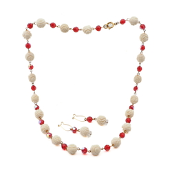 Czech necklace earring set carved celluloid flower vitrail red glass beads
