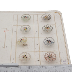 Sample card (8) Vintage Deco Czech hand painted clear flower glass buttons 18mm