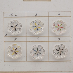 Sample card (7) Vintage Deco Czech reverse painted clear flower glass buttons 18mm