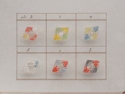 Sample card (7) Vintage Deco Czech reverse painted clear rhomboid glass buttons