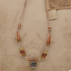 Czech vintage souvenir pendant necklace pink glass beads