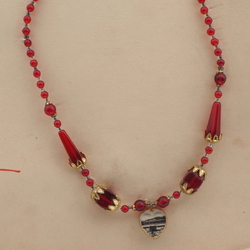 Czech vintage souvenir pendant necklace red glass beads