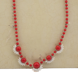 Czech vintage necklace red round white rondelle glass beads