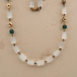 Czech vintage necklace frost satin atlas bugle green gold glass beads