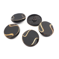 Lot (5) large Czech vintage gold gilt black glass buttons 32mm