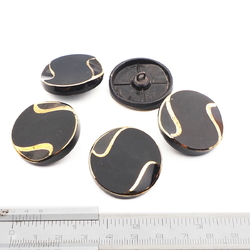 Lot (5) large Czech vintage gold gilt black glass buttons 32mm