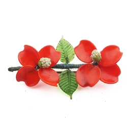 Vintage Czech lampwork glass bead double red flower pin brooch