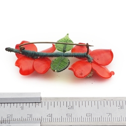 Vintage Czech lampwork glass bead double red flower pin brooch