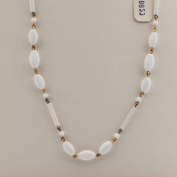 Vintage Czech wired necklace white round oval bugle glass beads 20"
