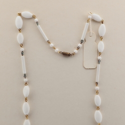 Czech vintage wired necklace white round oval bugle glass beads 20"