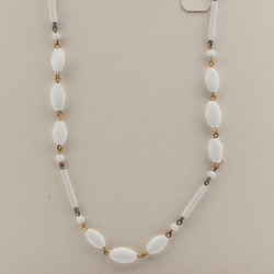 Czech vintage wired necklace white round oval bugle glass beads 20"
