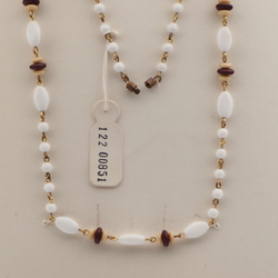 Czech vintage wired necklace white beige black glass beads 27"