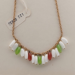 Vintage Czech gold tone chain necklace white green pink opaline pendant glass beads