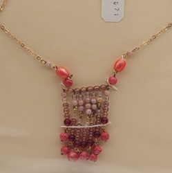 Vintage Czech gold chain necklace pink purple glass bead tassle