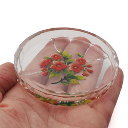Art Deco Czech intaglio hand painted red flowers crystal glass dish ashtray Heinrich Hoffmann