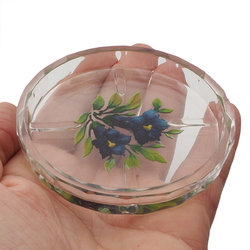 Art Deco Czech intaglio hand painted gentian flowers crystal glass dish ashtray Heinrich Hoffmann