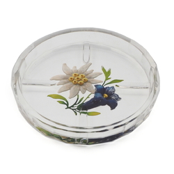 Art Deco Czech intaglio hand painted Gentian Edelweiss flowers crystal glass dish ashtray Heinrich Hoffmann