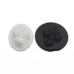 Lot (2) Czech antique black white rose flower cameo glass cabochons chipped