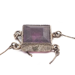 Vintage Czech silver metal purple rhinestone square connector bead