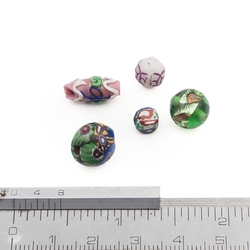 Lot (5) vintage Czech lampwork glass beads millefiori foil overlay