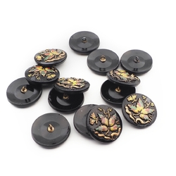Lot (14) Vintage flower butterfly black glass buttons 32mm hand painted gold gilt Czech