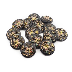 Lot (14) Vintage flower butterfly black glass buttons 32mm hand painted gold gilt Czech