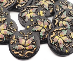 Lot (14) Vintage flower butterfly black glass buttons 32mm hand painted gold gilt Czech