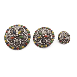 Set (3) Antique Victorian Czech silver lustre floral black glass buttons