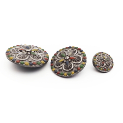 Set (3) Antique Victorian Czech silver lustre floral black glass buttons