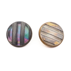 Lot (2) antique Czech 2 part metal striped glass cabochon buttons 13mm