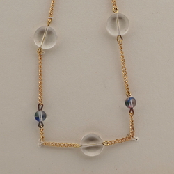 Vintage Czech gold chain necklace clear blue bicolor glass beads 