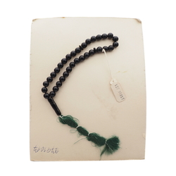 Vintage prayer bead strand Czech black round glass beads green tassle